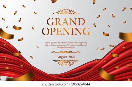 Grand Opening luxury vintage expensive with classic 3d ribbon silk cloth curtain for ceremony elegant with white background and golden confetti poster banner template