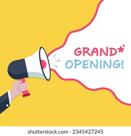 Grand Opening - Male hand holding megaphone. Loudspeaker. Banner for business, marketing and advertising. Vector illustration