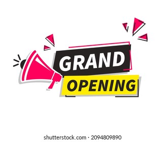 Grand opening with Megaphone label. Loudspeaker colourful banner. Web design. Vector stock illustration