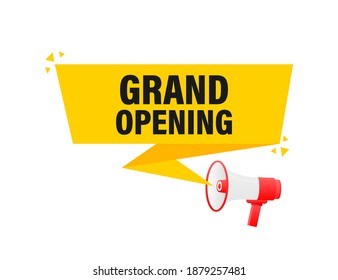 Grand opening megaphone yellow banner in 3D style on white background. Vector illustration.