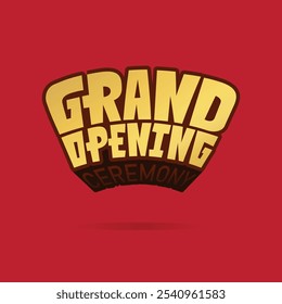 Grand opening modern logo with gold 3d text effect isolated on red background. Grand opening ceremony banner, poster, template design. Company or business announcement sticker, label, badge.