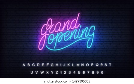 Grand opening neon. Glowing lettering neon billboard sign for opening ceremony