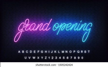 Grand opening. Neon glowing lettering billboard sign for opening ceremony