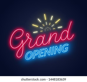 Grand opening neon sign on dark background. Poster,banner for the opening ceremony. Vector illustration.