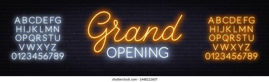 Grand opening neon sign on dark background. Poster,banner for the opening ceremony. Neon alphabet. Template for design.