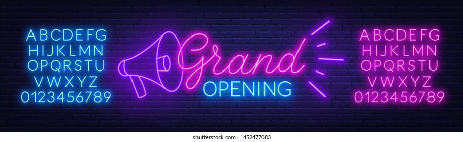 Grand opening neon sign on dark background. Poster,banner for the opening ceremony. Neon alphabet. Template for design.