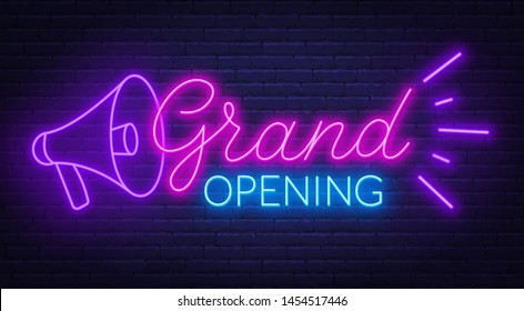 Grand opening neon sign on dark background. Poster,banner for the opening ceremony.