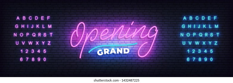 Grand opening neon template. Neon lettering banner Grand opening for event, sale, promotion