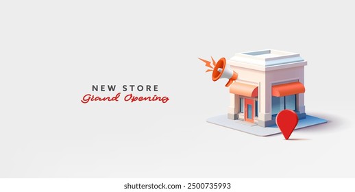 Gran apertura de una nueva tienda, supermercado, cafetería, altavoz, icono de navegación, 3D. Anuncio de publicidad y promoción de conceptos de marketing. Apertura de una tienda online. Ilustración vectorial.