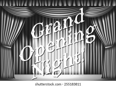 Grand opening night. stage with curtain. black and white retro illustration