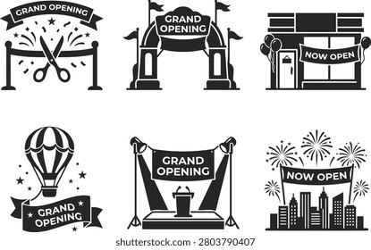 Grand opening and now open store opening badges with banners flags fireworks and ribbon silhouettes set