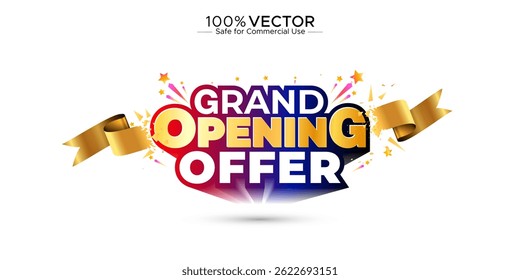 Grand Opening offer, sale, deal, discount, 3d golden logo with banner design. New shop inauguration or ceremony and sales promotion concept.