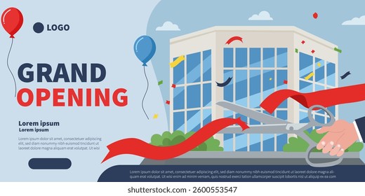 Grand opening office with a red ribbon cutting wedsite template poster banner vector with blue background.