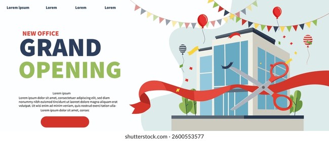 Grand opening office with a red ribbon cutting website template poster banner vector with white background.
