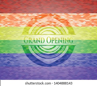 Grand Opening on mosaic background with the colors of the LGBT flag