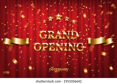 Grand opening on stage in spotlight with red curtain background. Ceremony starting, celebration event, announcement vector illustration. Theatre scene with golden text, stars, ribbon.