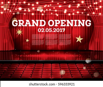 Grand Opening. Open Red Curtains with Neon Lights. Vector Illustration. Theater, Opera or Cinema Scene.