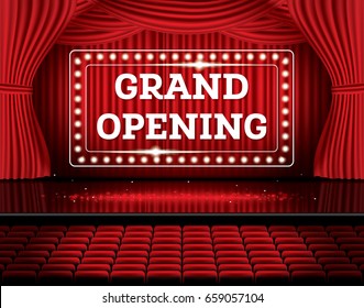 Grand Opening. Open Red Curtains with Neon Lights. Vector Illustration. Theater, Opera or Cinema Scene.