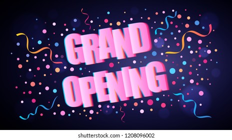 Grand Opening overlapping festive lettering with colorful round confetti over dark violet background for your graphic and web design