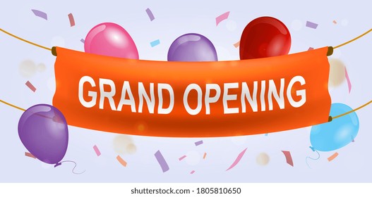 Grand Opening panorama banner with festive party balloons and text on a colorful orange textile banner, colored vector illustration