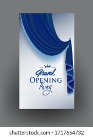 Grand opening Party banner with blue elegant curtain with fringe. Vector illustration