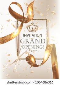 Grand Opening party banner with elegand beautiful ribbons and confetti. Vector illustration