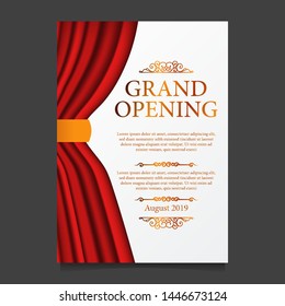 Grand opening party ceremony with illustration of red curtain silk poster banner template with white background