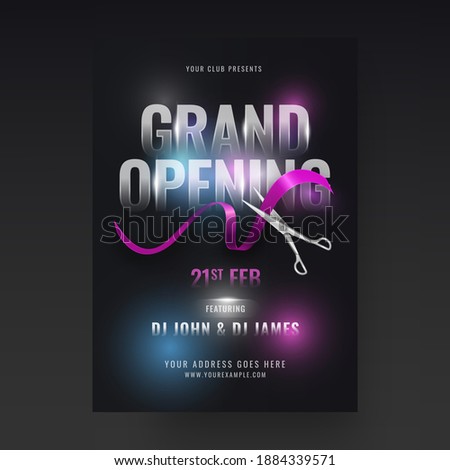 Grand Opening Party Flyer Design With Silver Scissors Cutting Ribbon On Black Background.