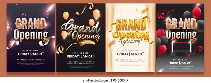 Grand Opening Party Flyer Or Invitation Template Layout In Four Options.