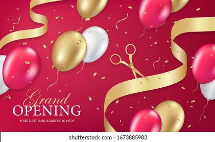 Grand opening party invitation banner, poster, flyer with golden sparkles confetti, ribbon, scissors, gold, silver and red balloons on red background. Realistic 3d style. Vector illustration