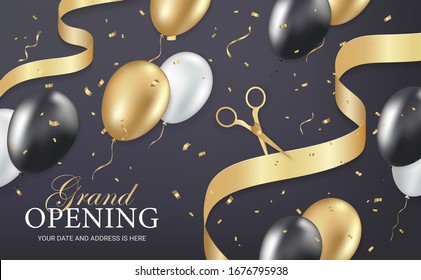 Grand opening party invitation banner, poster, flyer with golden sparkles confetti, ribbon, scissors, gold, silver and black balloons on dark background. Realistic 3d style. Vector illustration