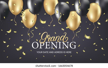 Grand opening party invitation card with golden sparkles confetti, gold and black balloons on dark background. Realistic 3d style. Vector illustration