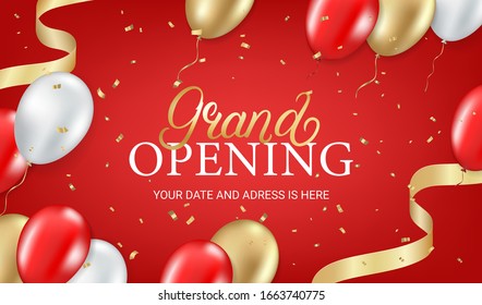 Grand opening party invitation card, poster, flyer with golden sparkles confetti, ribbons, gold, silver and red balloons on red background. Realistic 3d style. Vector illustration