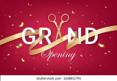Grand opening party invitation card, poster, flyer with golden sparkles confetti, ribbon and gold scissors on red background. Realistic 3d style. Vector illustration