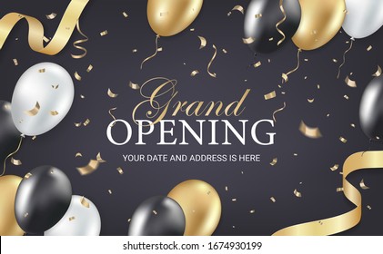 Grand Opening Party Invitation Card, Poster, Flyer With Golden Sparkles Confetti, Gold And Black Balloons On Dark Background. Realistic 3d Style. Vector Illustration