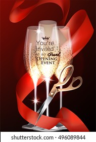 Grand opening Party invitation card with sparkling glasses , red curly ribbon and scissors