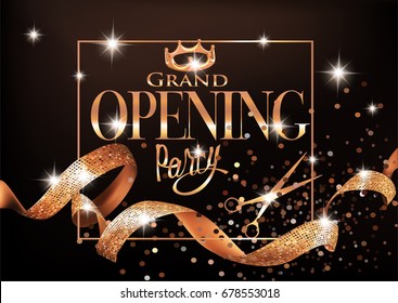 Grand opening party invitation card with gold curly ribbons, frame, crown and scissors. Vector illustration