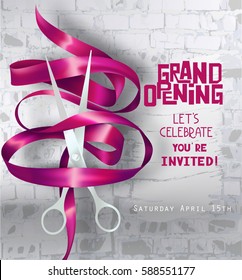 Grand opening Party invitation with curly ribbon, scissors and brick wall on the background. Vector illustration