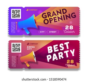 Grand Opening and Party invitation tear-off flyer templates with megaphone illustration