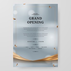 Grand Opening Party Poster Invitation. Elegant Luxury With Golden Satin And Confetti With Silver Background