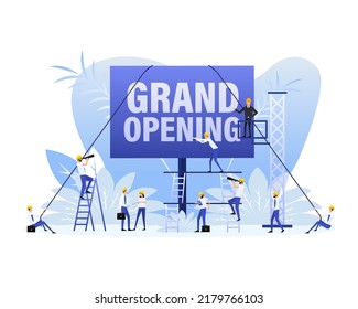Grand opening placard in flat style with people on white background. Vector illustration
