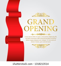 Grand opening poster. Banner glamorous vintage 3D golden accessories. expensive luxury party. red ribbon  vintage flourish ornament
