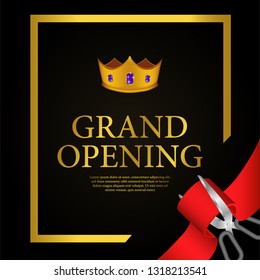Grand opening poster. Banner glamorous vintage 3D golden accessories. expensive luxury party. illustration of golden crown and cutting red ribbon