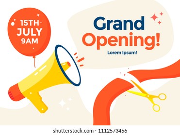 Grand opening poster or banner template with balloon and megaphone. Scissors cutting red ribbon. Vector flat illustration