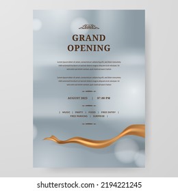 Grand Opening poster celebration with golden fabric satin gold silk ribbon element decoration for luxury elegant vip with silver bokeh background