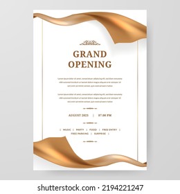 Grand Opening poster celebration with golden fabric satin gold silk ribbon element decoration for luxury elegant vip