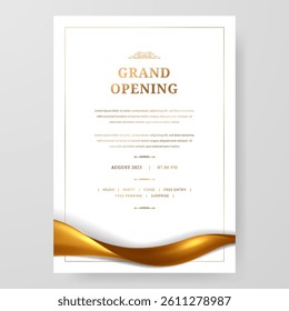 Grand Opening poster celebration with golden fabric satin silk ribbon drapery element decoration for luxury elegant vip royal poster with white background