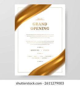 Grand Opening poster celebration with golden fabric satin silk ribbon drapery element decoration for luxury elegant vip royal poster with white background