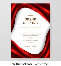 Grand Opening poster celebration with red fabric satin silk ribbon drapery element decoration for luxury elegant vip royal poster with white background