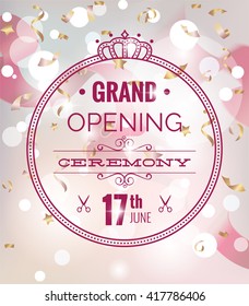 Grand opening poster with confetti and blurred bokeh background. Vector illustration